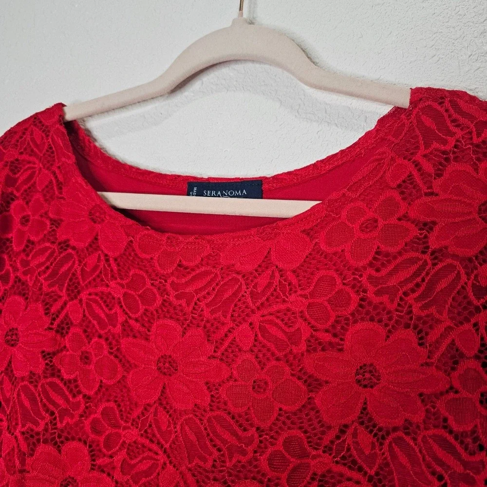 Seranoma Red Lace Dress‎ Size XL Floral Made in USA Elegant Party Holiday Midi